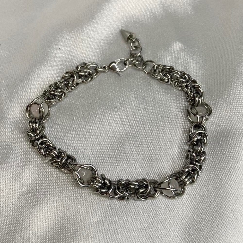 Genuine Pink Rose Quartz Crystal Silver Stainless Steel Chainmail Bracelet